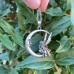 Cottagecore Fairy Crescent Moon Necklace Silver Tone Engraved details adjustable
